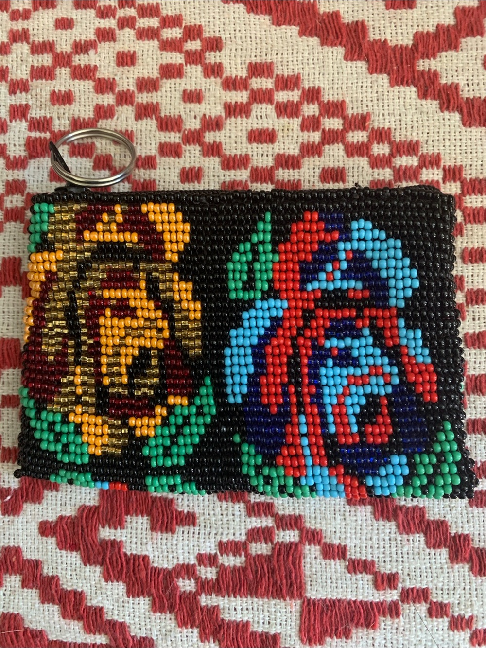 Handmade Mexican Beaded Floral Zippered Coin Purse in Black with Roses